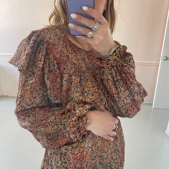 LoveShackFancy Silk Ruffle Floral Print Blouse Petite - Picture 2 of 9